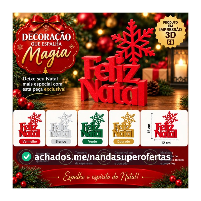 Enfeite de Natal Feliz Natal 3D 12x15cm – Decoração de Mesa Natalina Vermelho Branco Verde Dourado