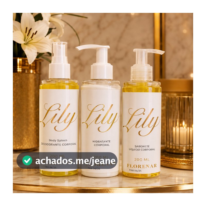 1 Kit Feminino Body Splash Lily  200Ml + 1 Hidratante 200ML + 1 Sabonete Líquido 200Ml com gliter