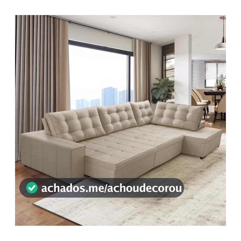 Sofá de Canto Retrátil e Reclinável com Molas 3,00x2,00 Jacke Suede Bege Adonai Estofados