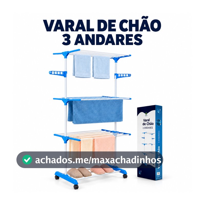 Varal De Chão E Planeta Tech Dobrável 3 Andares Com Rodinha Aba Lateral Retrátil Para Cabide