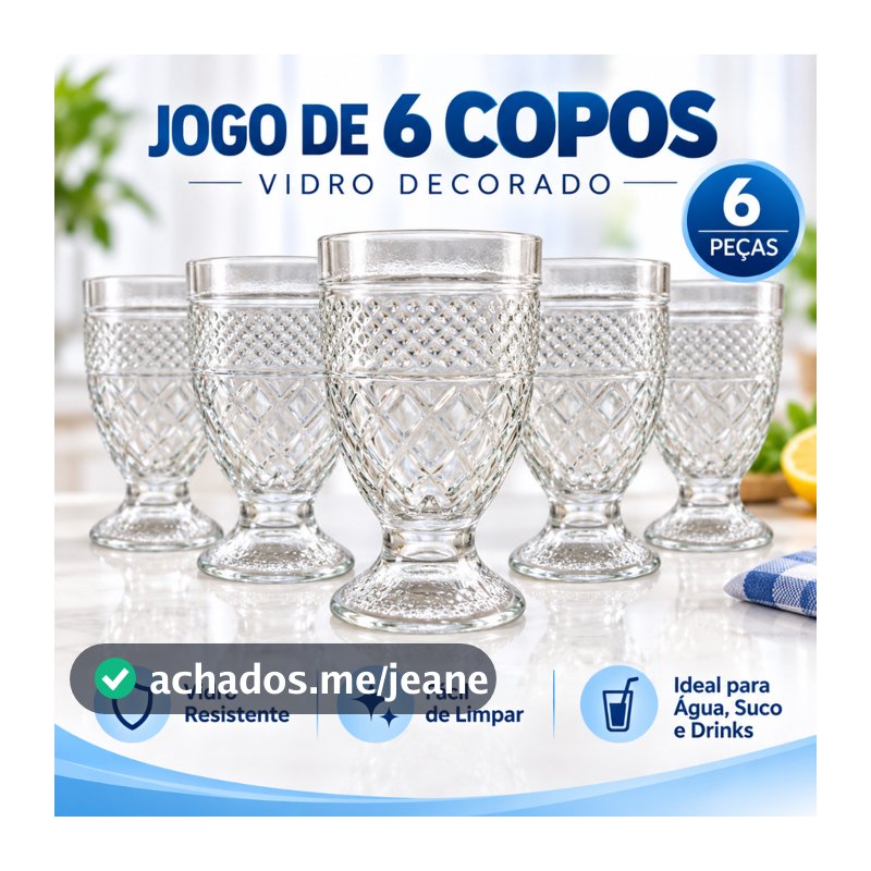 Kit com 6 Taças de Vidro Bico Diamante 200ml com Base Firme para Água Sucos Coquetéis Sobremesas Mesa Posta