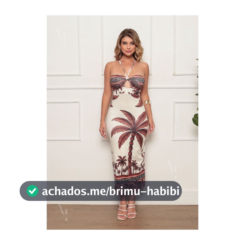 Vestido Mídi Feminino Frente Única Estampa Tropical Coqueiros com Costas Abertas