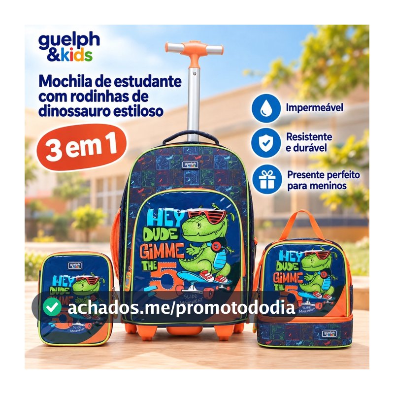 Guelph Kit Mochila de Rodinha Infantil Menino 3 Peças Dinossauro Lancheira Estojo Escolar