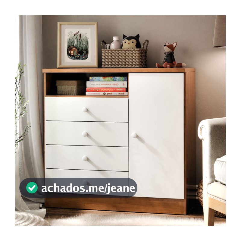 Cômoda Petit Organizadora Infantil Branco Nature c/ 4 Gavetas 1 Porta Nicho p/ Quarto - Blue Moby