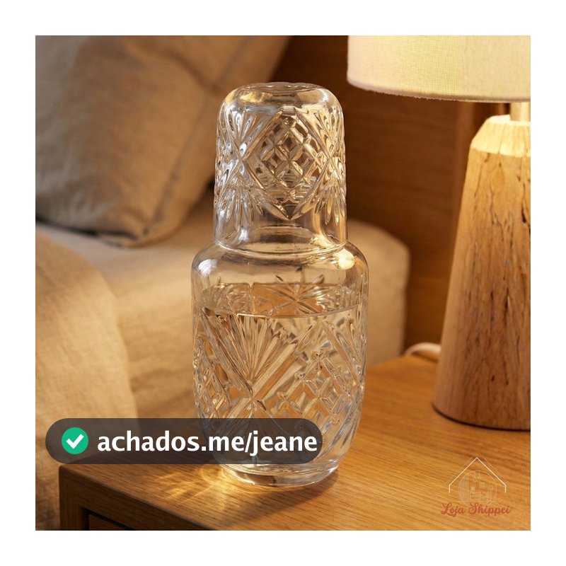 Moringa de Vidro 500ml com Copo 145ml Água Cabeceira Quarto Escritório Luxo