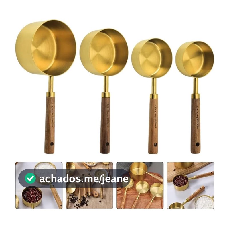 Kit 4 Xícaras e Colheres de Medida Douradas Inox com Punhos de Nogueira Ideal para Entusiastas de Cozinha