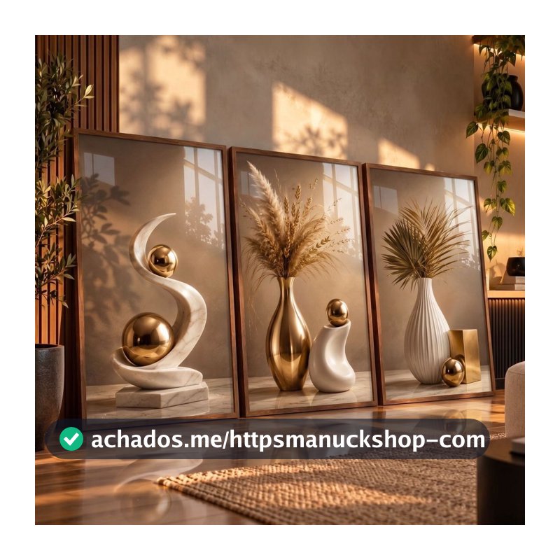Kit 3 Quadros Decorativos Modernos Luxo Dourado Minimalista Sala Clean Painel de Decoração Premium