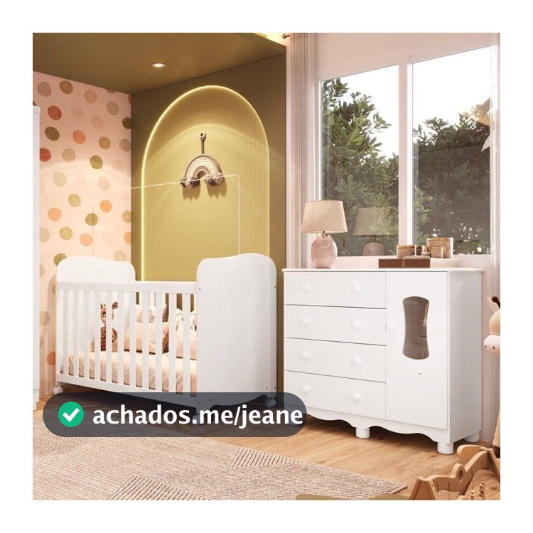 Quarto de Bebê Berço com Rodízios Cômoda 1 Porta Janelada 100% MDF Lana Espresso Móveis Branco Branco/Brilho