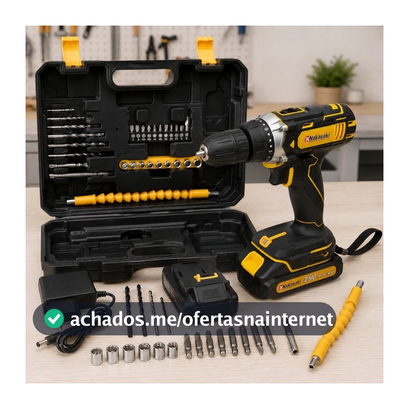 Parafusadeira Furadeira 25V Nakasaki Sem Fio a Bateria Profissional Kit Completo com Maleta