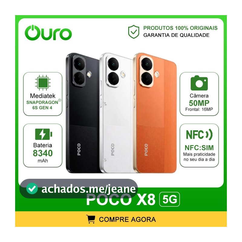 Xiaomi Poco X8 5G,  256GB e 8-12GB RAM, Versão Global, Snapdragon® 6s 4 Gen, Bateria 8340 mAh, Câmera 50MP