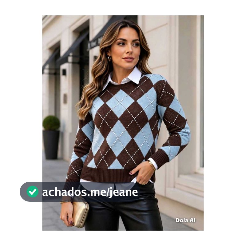 Blusa Feminina Tricô Xadrez Losango Manga Longa Tricot Modal Ampla Inverno Elegante