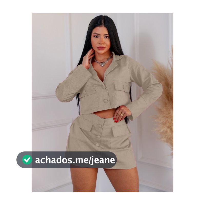 Conjunto Feminino em Linho Short Saia e Blusa Manga Longa Botões Forrados