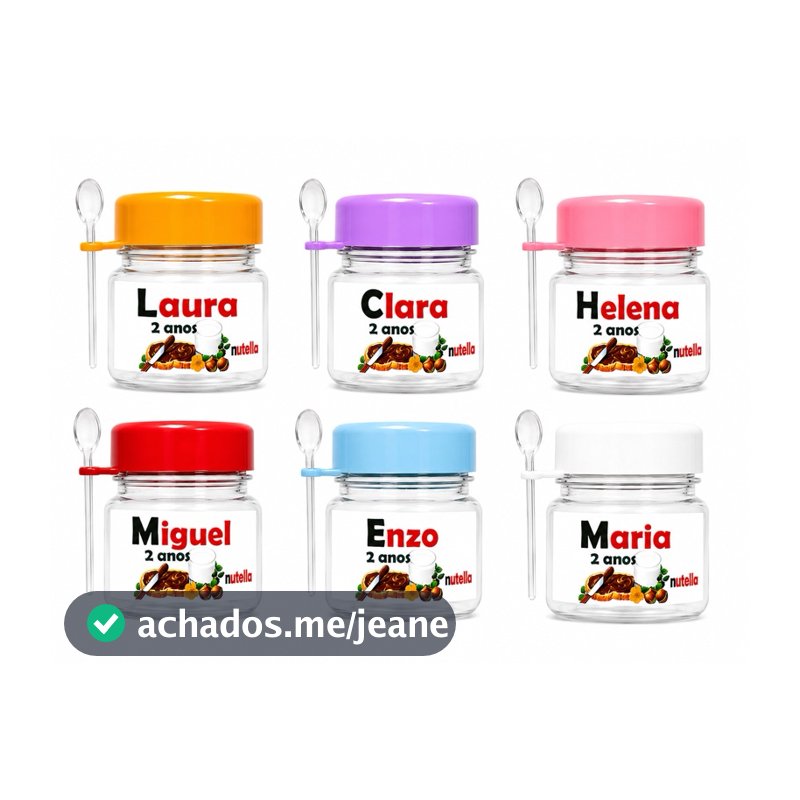 ￼Mini Potinho 40g Plástico com colher Personalizado - Nutela Brigadeiros Geleias e Lembrancinha