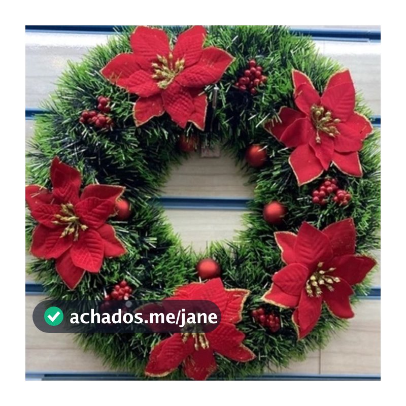 Guirlanda Natalina 38Cm De Natal Decorativa Para Porta Com Flores Vermelhas Douradas Decoração