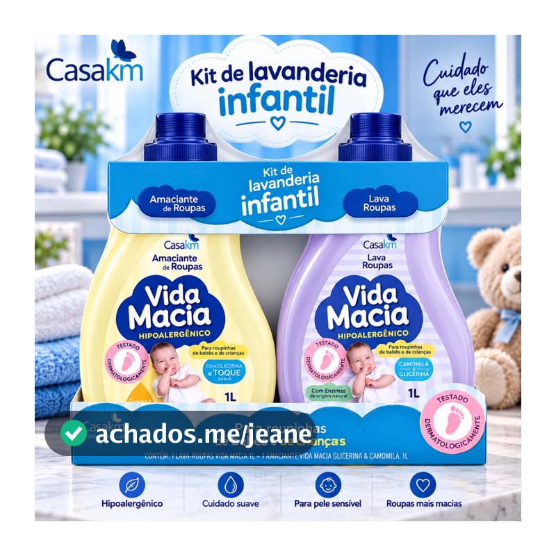 Kit Vida Macia Lava Roupas 1L + Amaciante Glicerina e Camomila 1L Bebê Hipoalergênico Suave Casa KM