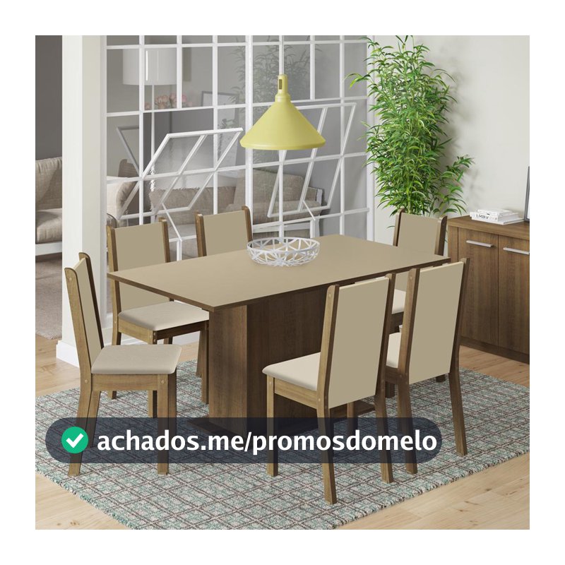 Conjunto Sala de Jantar Madesa Ohana Mesa Tampo de Madeira com 6 Cadeiras - Rustic/Crema/Pérola