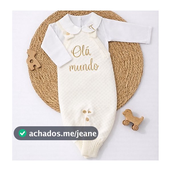 Jardineira Macacão Tricot Personalizado Olá Mundo Body