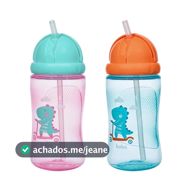 Garrafinha Infantil Com Canudo 400ml Dino Patinete Azul ou Rosa Buba