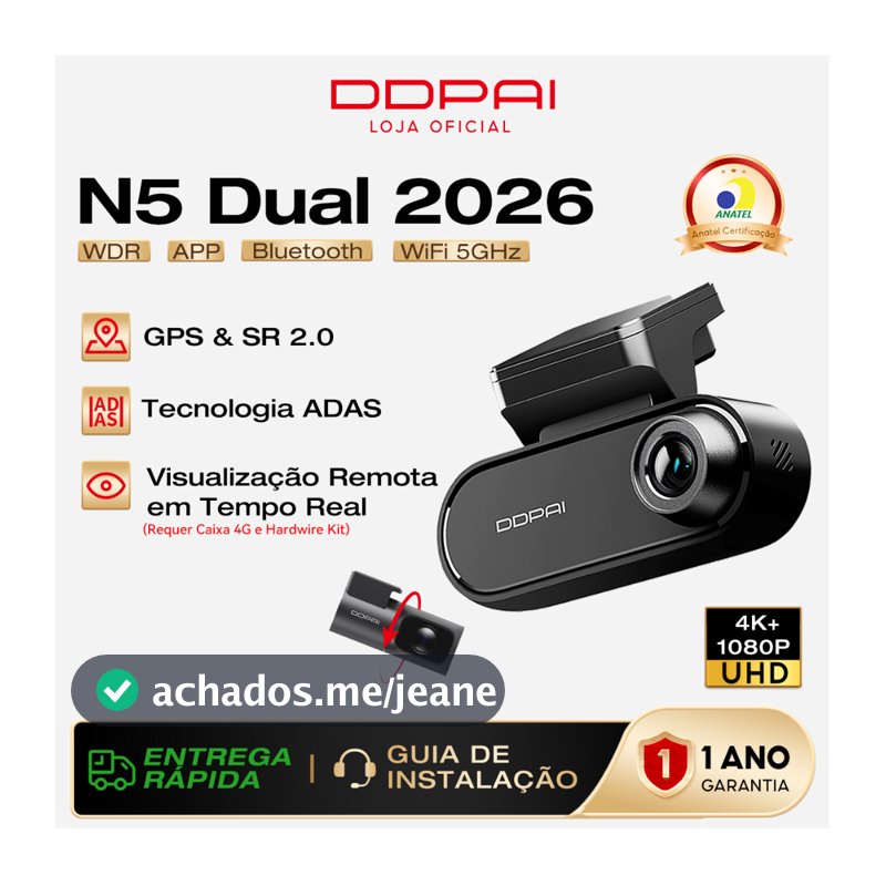 Câmera Veicular DDPAI N5 Dual 2026 Suporte a Monitoramento Remoto em Tempo Real 4K HDR +1080P WiFi 5G GPS G-Sensor