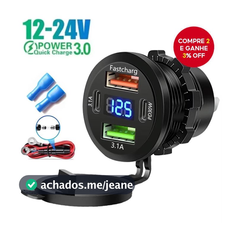 Tomada de Carregador para Carro com Dupla Entrada Tipo-C e Duplas USB, 4 Portas, Carregamento Rápido, à Prova d'Água