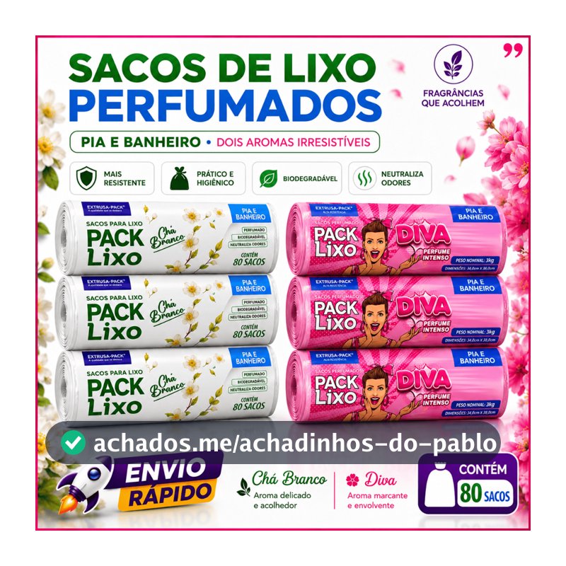 Kit Sacos de Lixo Perfumados para Pia e Banheiro – Chá Branco e Diva
