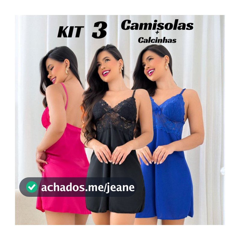 Kit com 3 Camisolas Feminina Sensual Com renda + Calcinha - Pijama Curto - Baby Doll