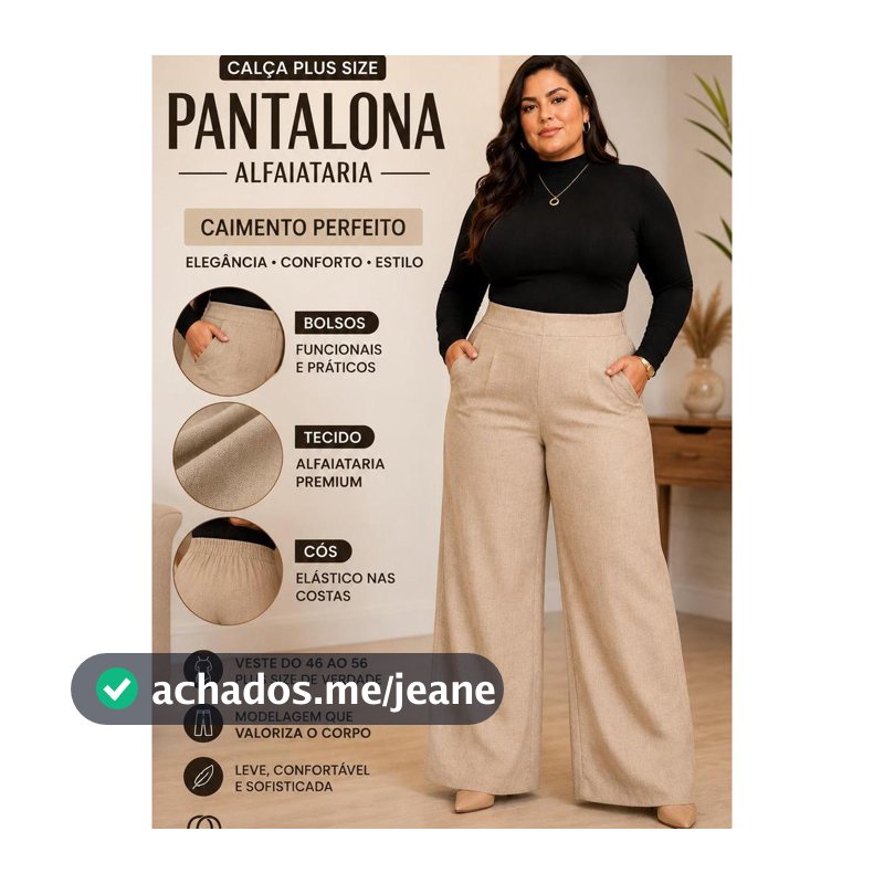 Calça Wide Leg Plus Size Feminina Alfaiataria Premium com Bolso Cós Elástico Alfaiataria Marron Preto Bege Elegante