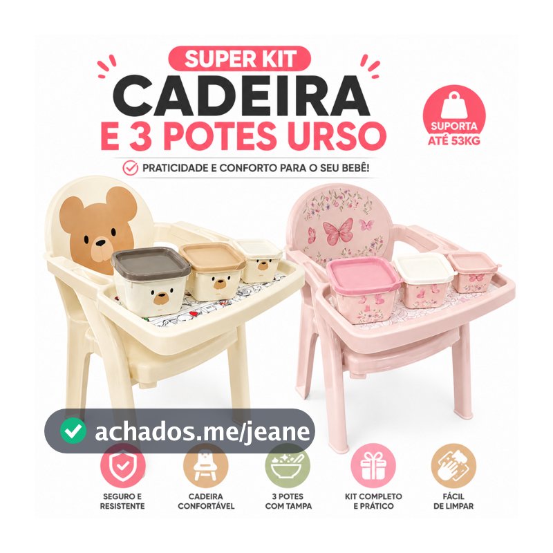 Poltrona Cadeira de Alimentação Bebê Infantil + 3 Potes Urso BPA Free Rosa/Creme