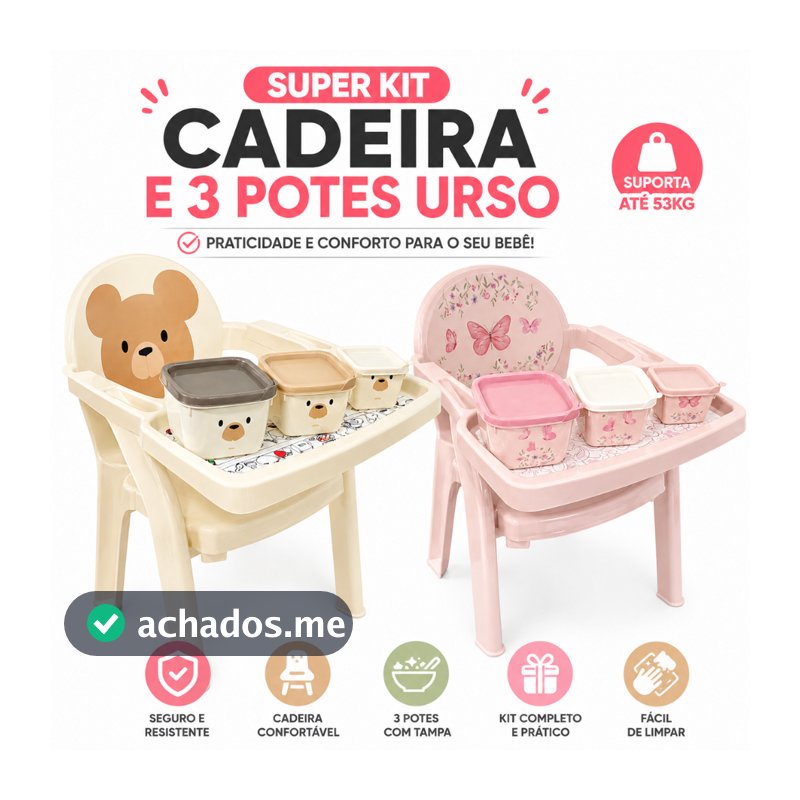 Poltrona Cadeira de Alimentação Bebê Infantil + 3 Potes Urso BPA Free Rosa/Creme