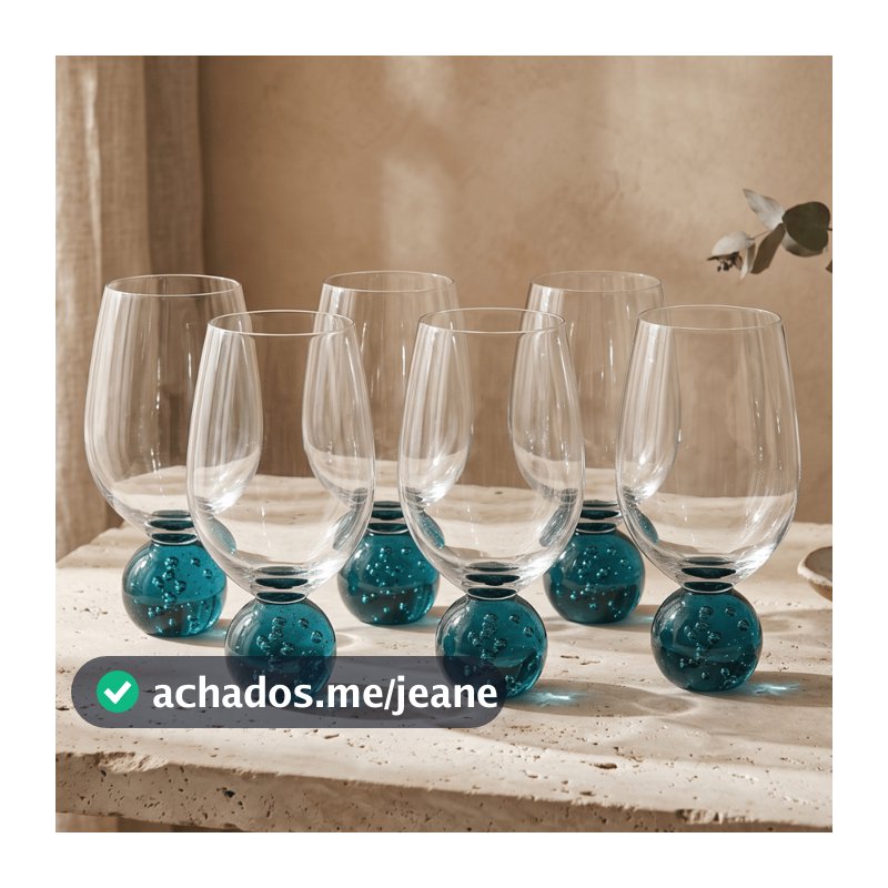 Jogo 6 Tacas Vinho Copo Cristal Bubble 450ml Haste Esfera Bola Colorida Azul Turquesa Luxo