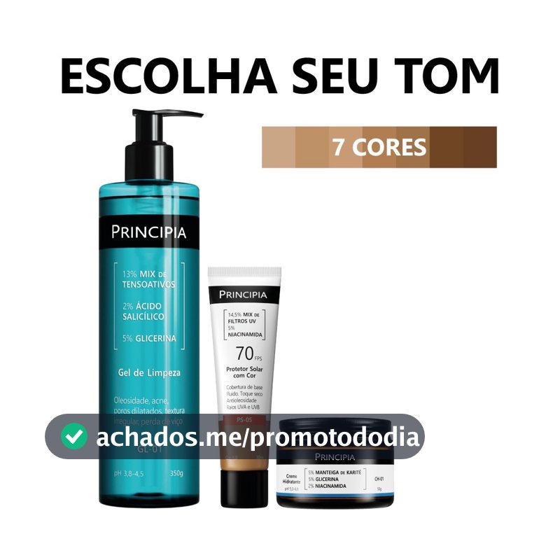 Principia Kit Limpa Hidrata e Protege c/ Gel de Limpeza GL-01 + Creme Hidratante CH-01 + Protetor Cor PS-05 FPS 70
