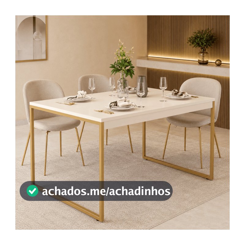 Mesa De Jantar Mérito 105x75cm Mdp Industrial Pés Dourado Off White Dourado
