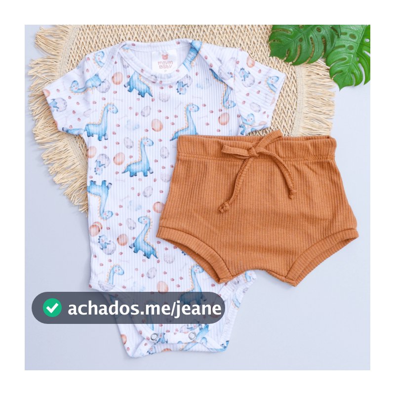 Conjunto Bebê Canelado Infantil Verão Body Dino Azul e Tapa Fralda Avelã com Cós Elástico Menino