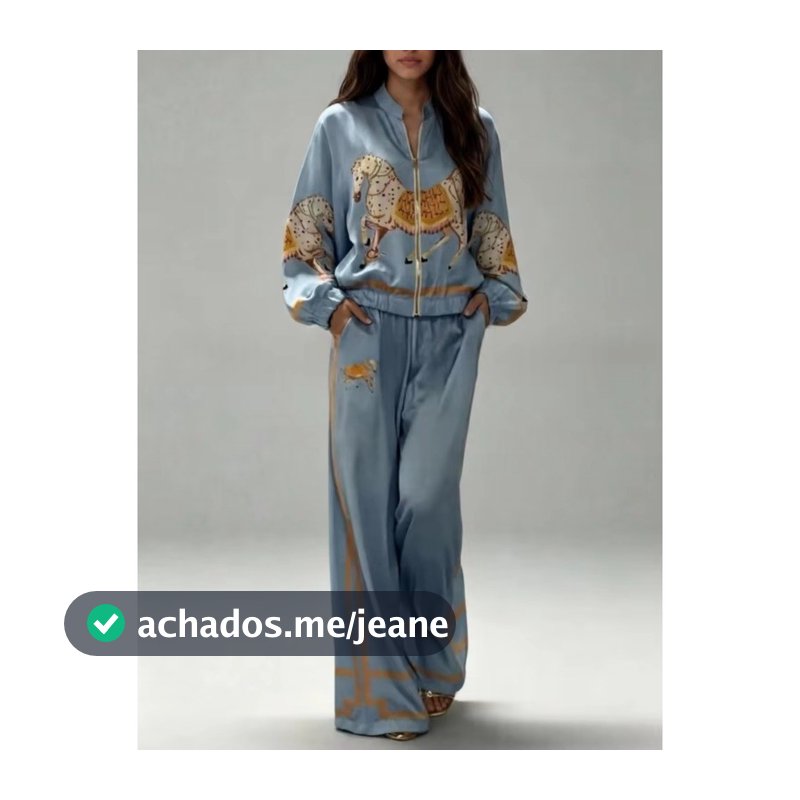 Conjunto Casual De Manga Comprida Com Zíper Estampado E Cintura Alta Calças Largas 202608A