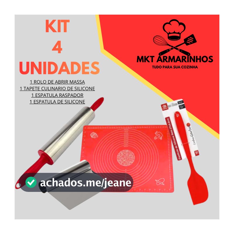 Kit Confeitaria Completo 4 Peças Tapete Silicone Antiaderente Rolo de Massa Inox Espátula de Silicone Raspador para Bolo