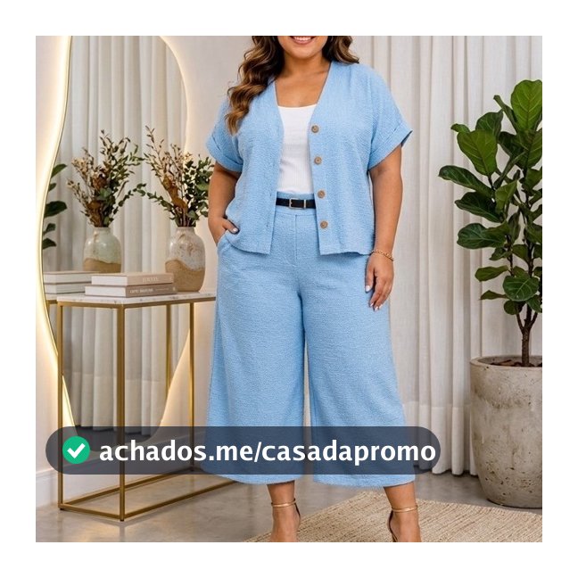 Conjunto Plus Size Feminino em Tecido Marrant Camisa Manga Curta e Calça Pantacourt