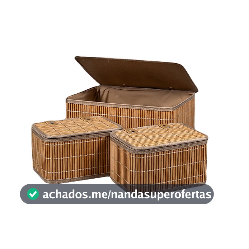 Conjunto 3 Caixa Cesto Organizador Retangular Bambu Tampa 23 36cm Marrom Decoração Casa Premium