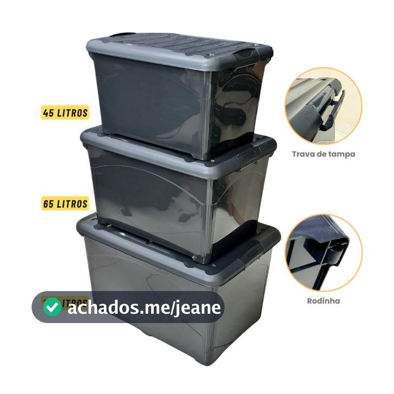 Caixa Organizadora Container 45L 65L 95L Com Tampa Trava e Rodinha Resistente Empilhavel Organização