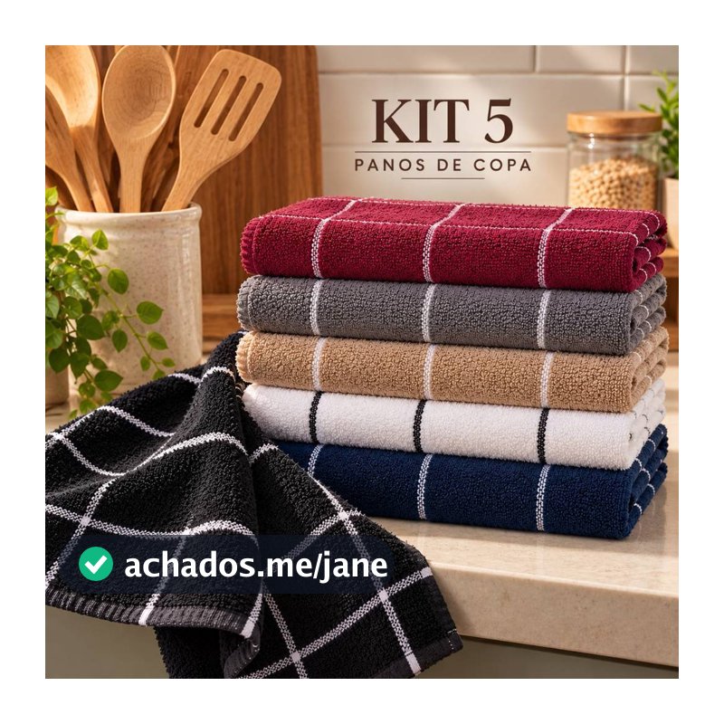 Kit 5 Panos de Prato Copa Atoalhados 100% Algodão 45x65cm Xadrez Alta Absorção Design Moderno