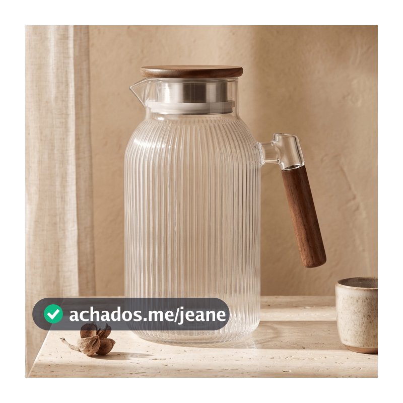 Jarra Vidro Borossilicato Canelado 1,5L Cabo Madeira Mesa Posta Luxo Suco Agua Minimalista 21cm