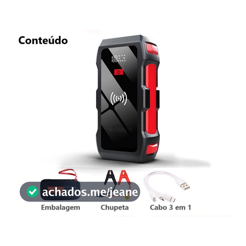 3 em 1 Auxiliador Partida PowerBank Bateria Portátil Multifuncional Carregamento Indução 12000mAh 12V Moto Carro Celular
