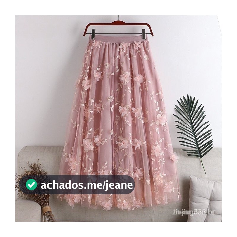 Saia Plissada Bordada Tule Feminina Cintura Alta Tutu Elástico midi