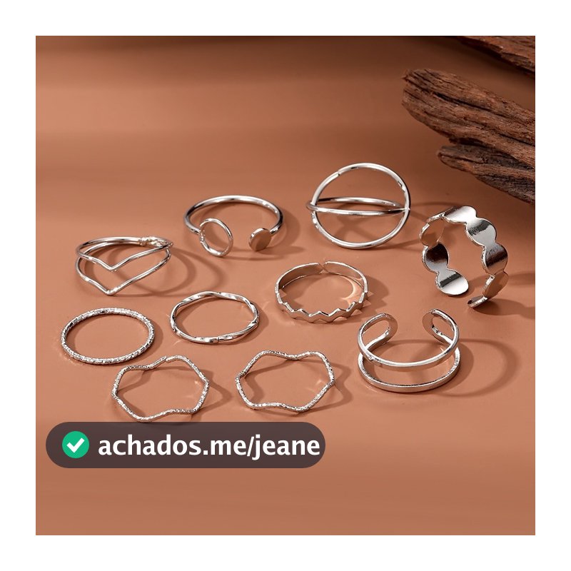 Kit Anéis de Metal Prateado 10 Peças, Design Ondulado e Geométrico