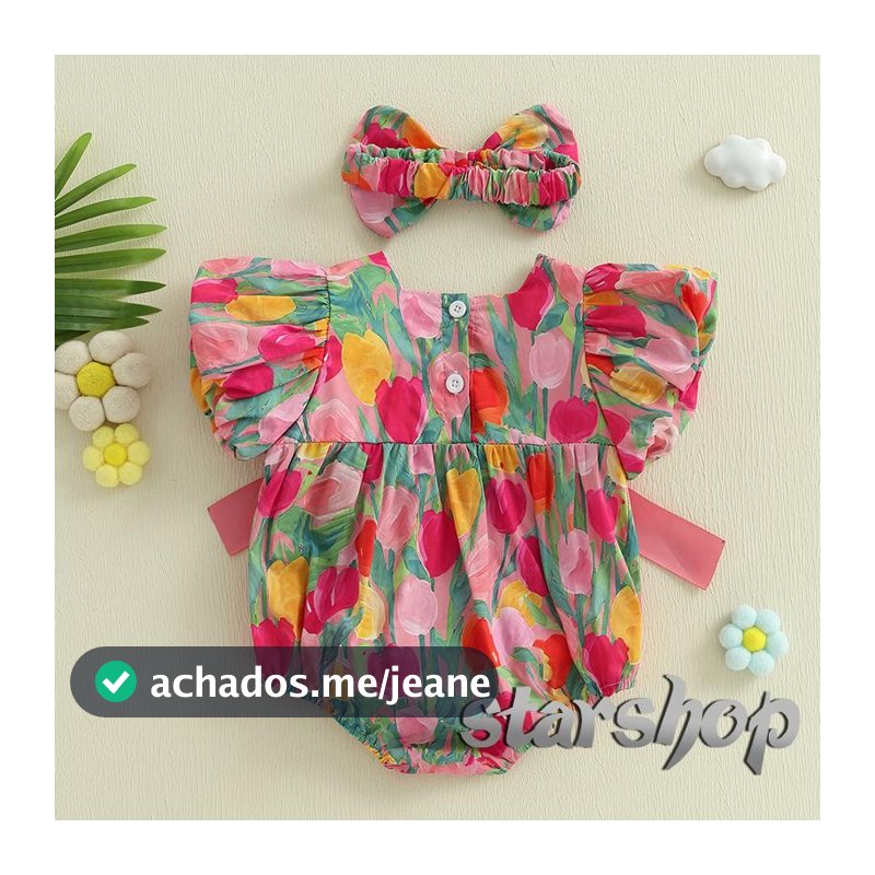 Starshop-Macacão De Flores Para Bebês Meninas , Manga Voadora , Com Faixa De Cabeça Laço , Roupas Fofas De Verão , Conju