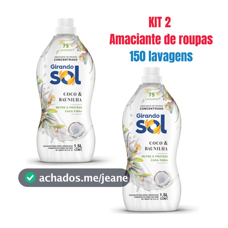 Kit 2 Amaciante Girando Sol Coco E Baunilha Concentrado 1,5L - Rende até 75 Lavagens Cada