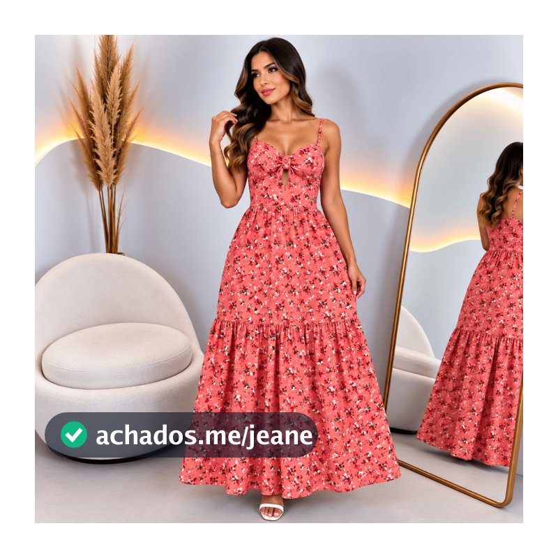 Vestido Feminino Longo Floral Crepe com Bojo Alça Regulável Abertura Elegante Pimenta Rosa