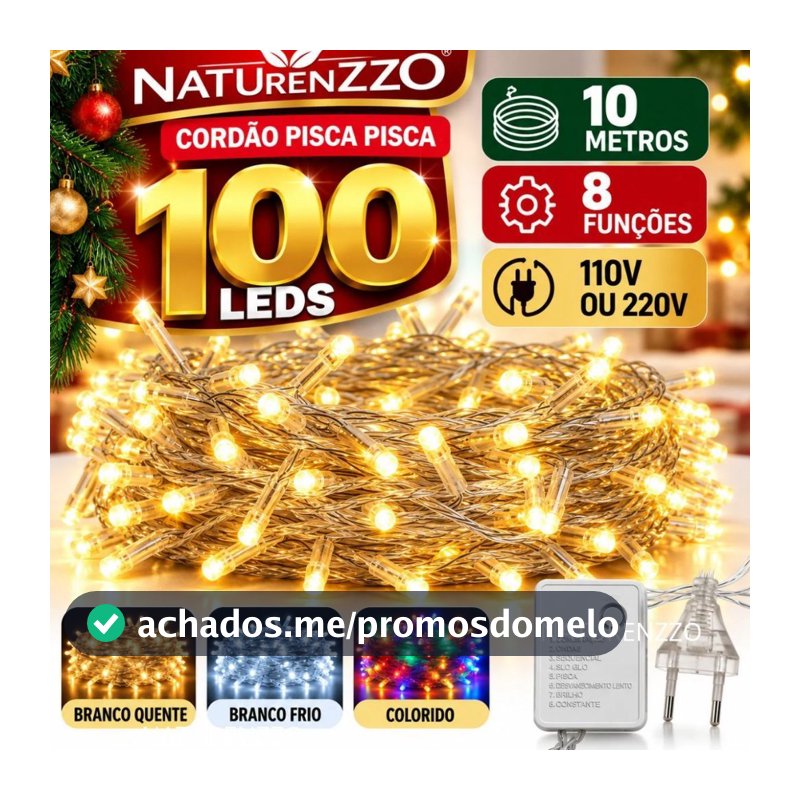 Cordão Pisca Pisca De Natal Fio Transparente 100 Lâmpadas Led 10mts Cor 8 Funções Varias Cores 110/220v