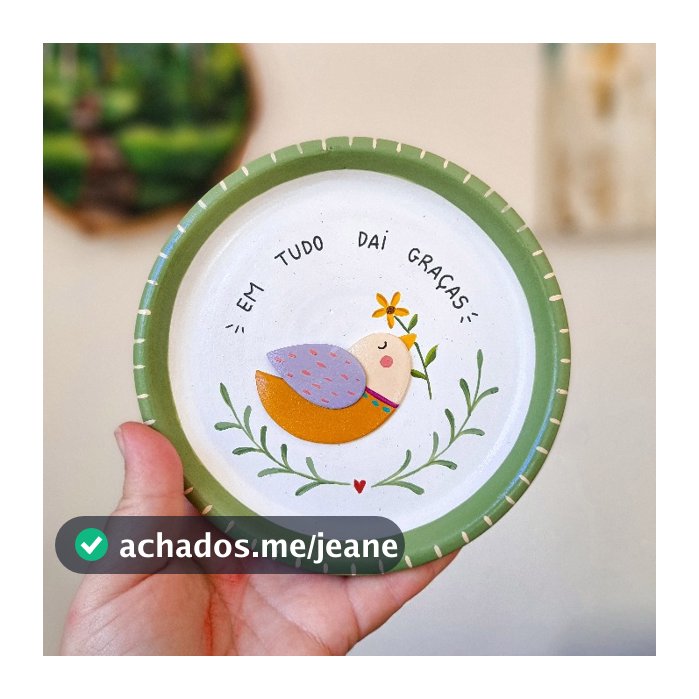 PRATO DE CERÂMICA ARTESANAL DECORATIVO - EM TUDO DAI GRAÇAS - 14CM