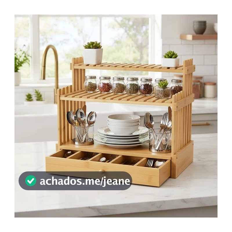 Prateleira Porta Temperos Bambu Ecoliven Com Gaveta Para Talheres Rack Organizador Suporte De Cozinha Estante Bancada