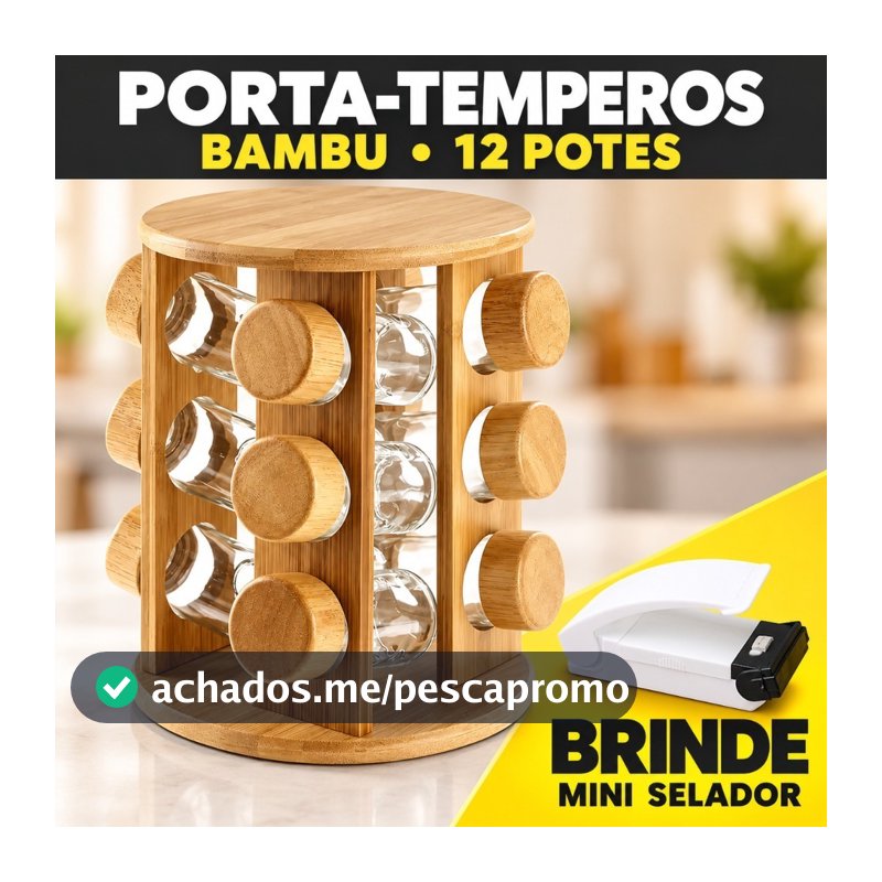 Porta Tempero em Bambu Giratório 12 Potes Condimentos Bambu luxo